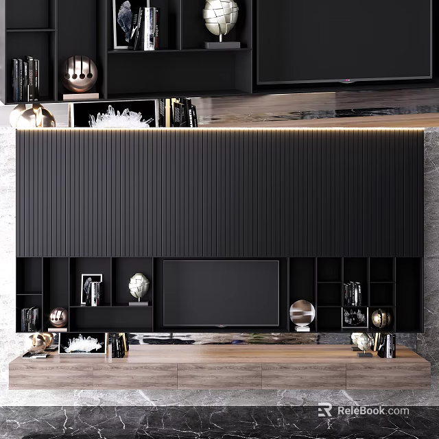 Modern Black TV Cabinet With Built-in TV Vertical Ribbed Design Wooden Countertop And Decorative Ornaments 3d model 
