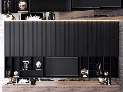 Modern Black TV Cabinet With Built-in TV Vertical Ribbed Design Wooden Countertop And Decorative Ornaments 3d model