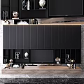 Modern Black TV Cabinet With Built-in TV Vertical Ribbed Design Wooden Countertop And Decorative Ornaments