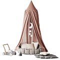 Cozy Children's Tent With Beige Canopy Star Moon Hangings And Striped Cushion