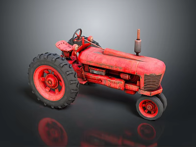 Vintage Detailed Red Tractor Model With Classic Design On Reflective Surface 3d model