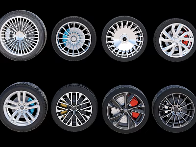 Multiple Car Tires Featuring Diverse Rim And Spoke Designs On Black Background 3d model