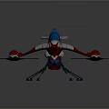 Futuristic Red Silver Blue Drone With Propellers Mechanical Arms And 001 Marking