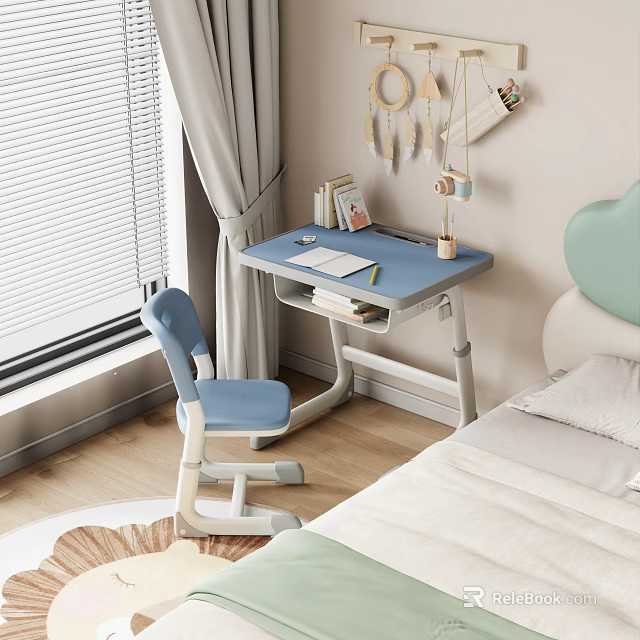 Blue Desk in Modern Cozy Kids Bedroom with Books Notebook and Decorations by Window 3d model 