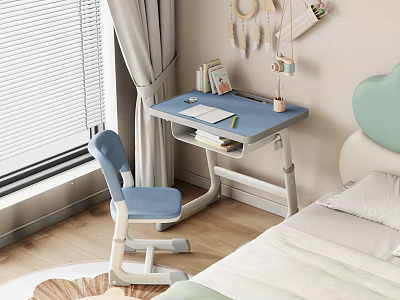 Blue Desk in Modern Cozy Kids Bedroom with Books Notebook and Decorations by Window 3d model