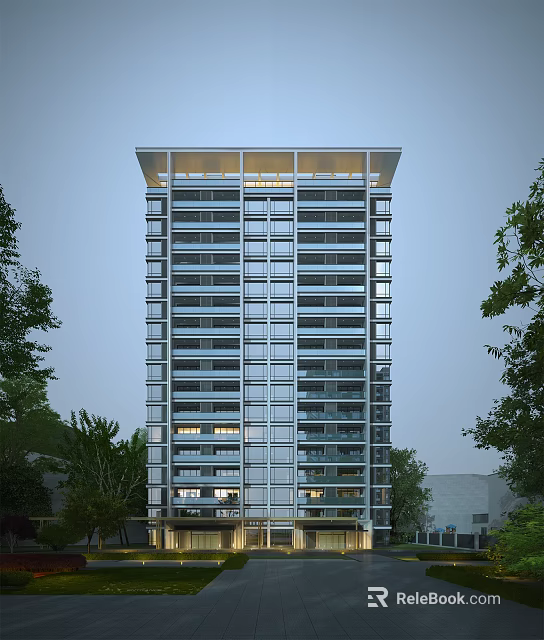 Modern High Rise Residential Building with Glass Facade and Illuminated Interior Surrounded by Green Trees 3d model 