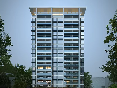 Modern High Rise Residential Building with Glass Facade and Illuminated Interior Surrounded by Green Trees 3d model