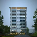 Modern High Rise Residential Building with Glass Facade and Illuminated Interior Surrounded by Green Trees