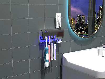 Bathroom Rack On Gray Tiled Wall With Blue Light Toothpaste Toothbrushes And Toilet Paper Holder 3d model