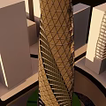 Modern Commercial Complex With Spiral Design And Diamond Shaped Glass Facade Against Sunset Sky