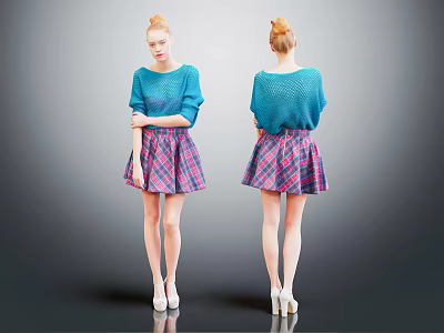 Woman In Blue Sweater And Plaid Skirt With White High Heels Front Back Views 3d model