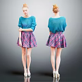 Woman In Blue Sweater And Plaid Skirt With White High Heels Front Back Views