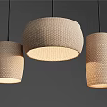 Three Modern Woven Beige Pendant Lights With Round And Cylindrical Shades