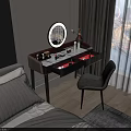 Elegant Black Dressing Table With Round Mirror Cosmetics Gray Chair And City View Window