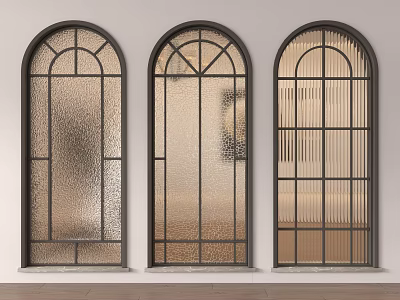 Modern Arched Glass Room Dividers With Black Frames And Various Textured Glass Panels 3d model