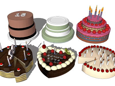 Delicious Decorated Cakes With Various Shapes Candles Number 15 Heart And Layered Design 3d model