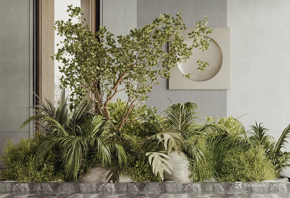 Lush Green Plants Display With Palm Leaves Ferns And Tree In Decorative Setting 3d model 