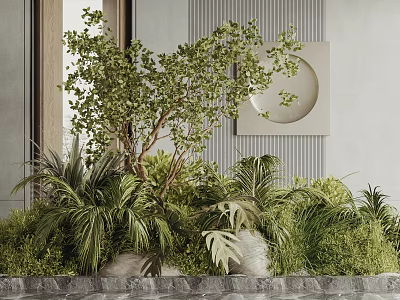 Lush Green Plants Display With Palm Leaves Ferns And Tree In Decorative Setting 3d model