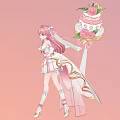 Woman With Pink Hair And Cake Headpiece In Elegant White Pink Dress