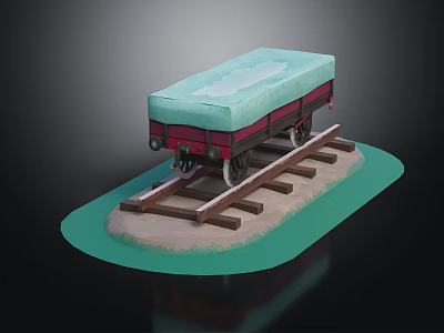Railway Freight Car With Green Cover On Railway Tracks And Light Green Base 3d model