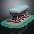 Railway Freight Car With Green Cover On Railway Tracks And Light Green Base