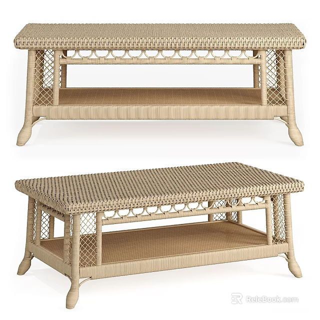 Natural Woven Rattan Coffee Table With Spacious Lower Storage Shelf For Cozy Living Room Decor 3d model 