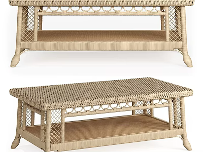 Natural Woven Rattan Coffee Table With Spacious Lower Storage Shelf For Cozy Living Room Decor 3d model