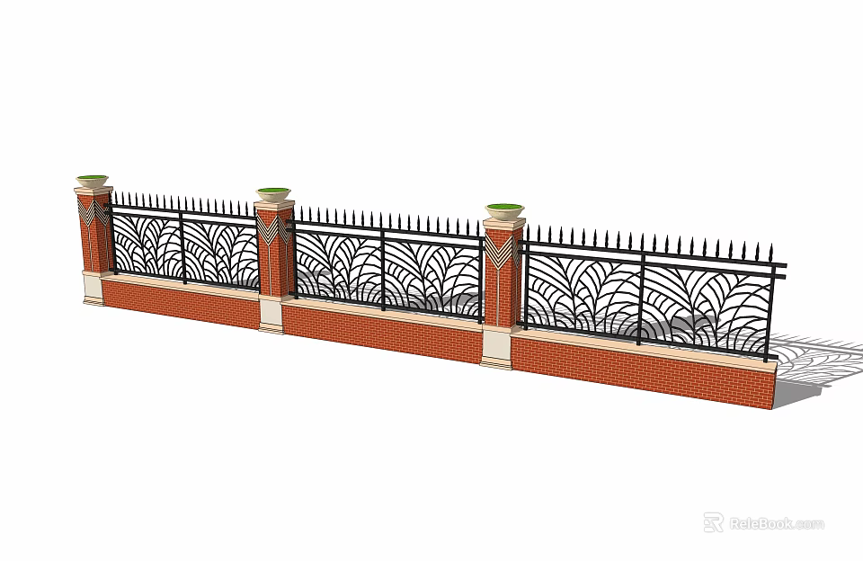 Building Exterior Fence With Red Brick Base Black Iron Railings And Decorative Columns 3d model 