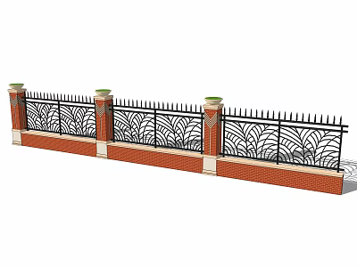 Building Exterior Fence With Red Brick Base Black Iron Railings And Decorative Columns 3d model