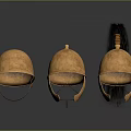 Three Golden Historical Military Helmets with Black Plume Decoration