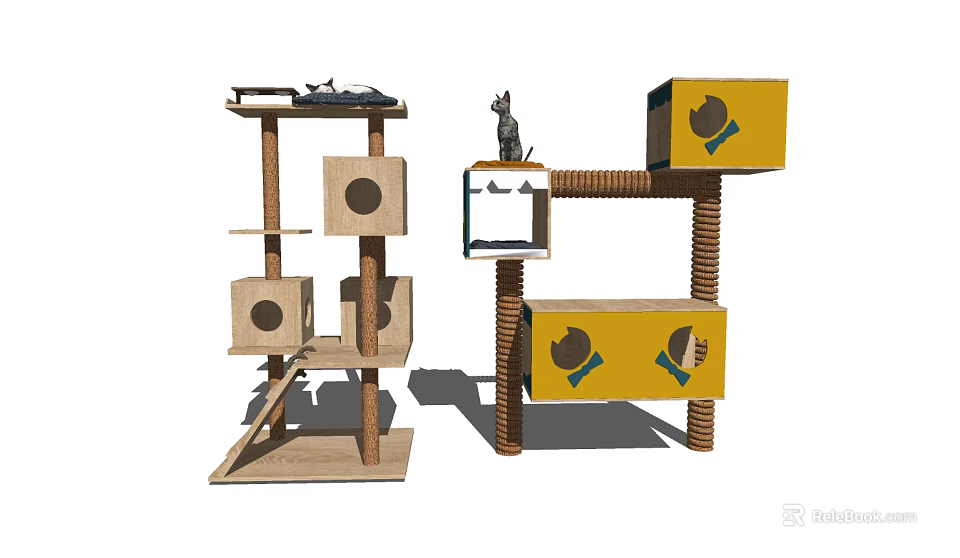 Wooden And Yellow Cat Tree Furniture With Platforms Holes And Spiral Columns 3d model 