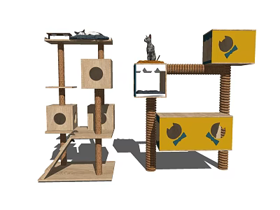 Wooden And Yellow Cat Tree Furniture With Platforms Holes And Spiral Columns 3d model