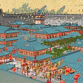 Ancient Architecture With Blue Roofs Red Lanterns Bridge Over Water Surface And Lotus Lanterns