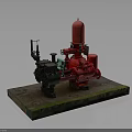 Red And Black Industrial Pump Equipment Featuring Valves Pipes On Green Base