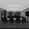 Modern Office Conference Room With Large Table Black Chairs Bookshelf Wall Paintings And Window View