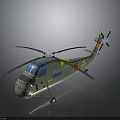 Green Military Helicopter with Blue Windows Yellow Markings and Rotors on Reflective Surface
