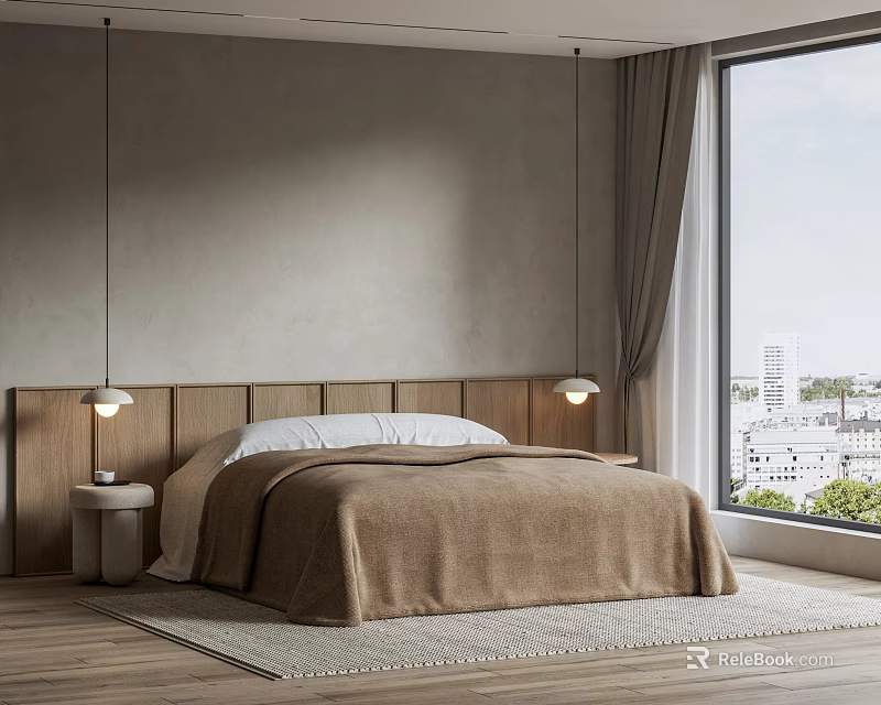 Minimalist Bedroom Interior With Gray Walls Wooden Headboard Brown Blanket Pendant Lights And City View 3d model 