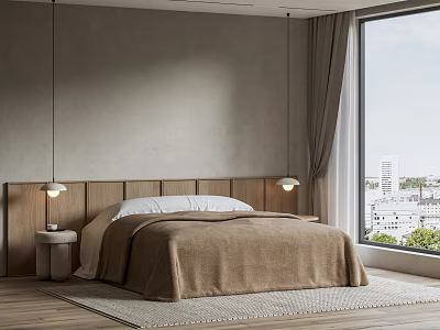 Minimalist Bedroom Interior With Gray Walls Wooden Headboard Brown Blanket Pendant Lights And City View 3d model