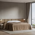 Minimalist Bedroom Interior With Gray Walls Wooden Headboard Brown Blanket Pendant Lights And City View