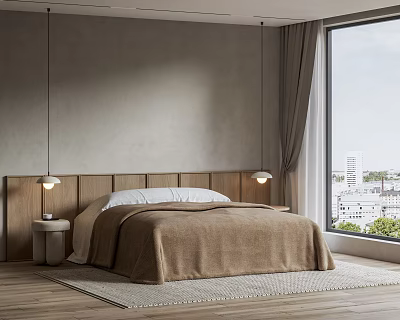 Minimalist Bedroom Interior With Gray Walls Wooden Headboard Brown Blanket Pendant Lights And City View 3d model