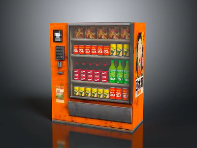 Orange Vending Machine Stocked With Colorful Bottled Drinks And Advertisement Sticker 3d model