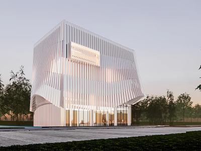 Modern Sales Office Building With Vertical Striped Facade And Green Courtyard 3d model