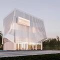Modern Sales Office Building With Vertical Striped Facade And Green Courtyard
