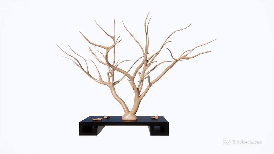 Decorative Ornament Set With Natural Branch Sculpture On Black Base Featuring Small Decorative Dishes 3d model 