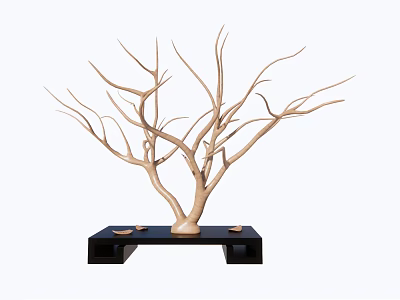Decorative Ornament Set With Natural Branch Sculpture On Black Base Featuring Small Decorative Dishes 3d model