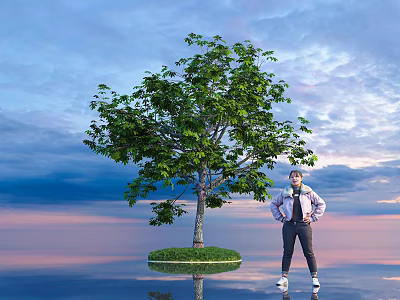 Tall Arbor Standing On Small Island With Person Blue Sky Sunset Water Reflection 3d model