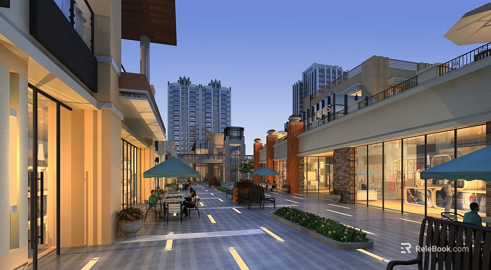 Lively Commercial Street Evening Ambiance With Modern Buildings Outdoor Seating Decorative Lighting and Green Plants 3d model 