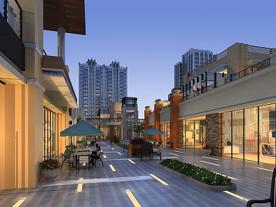 Lively Commercial Street Evening Ambiance With Modern Buildings Outdoor Seating Decorative Lighting and Green Plants 3d model