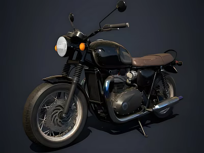 Vintage Black Motorcycle with Brown Leather Seat Round Headlight and Chrome Exhaust 3d model