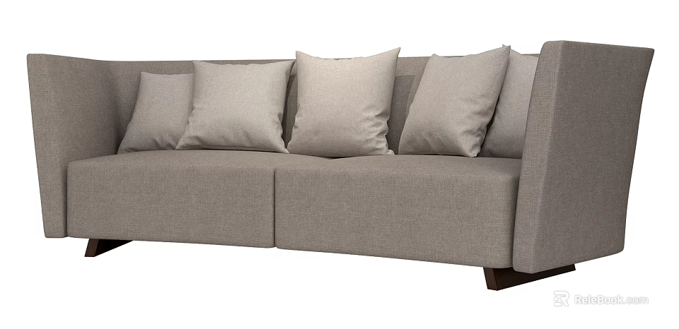 Gray Fabric Double Sofa With Multiple Soft Pillows And Wooden Legs 3d model